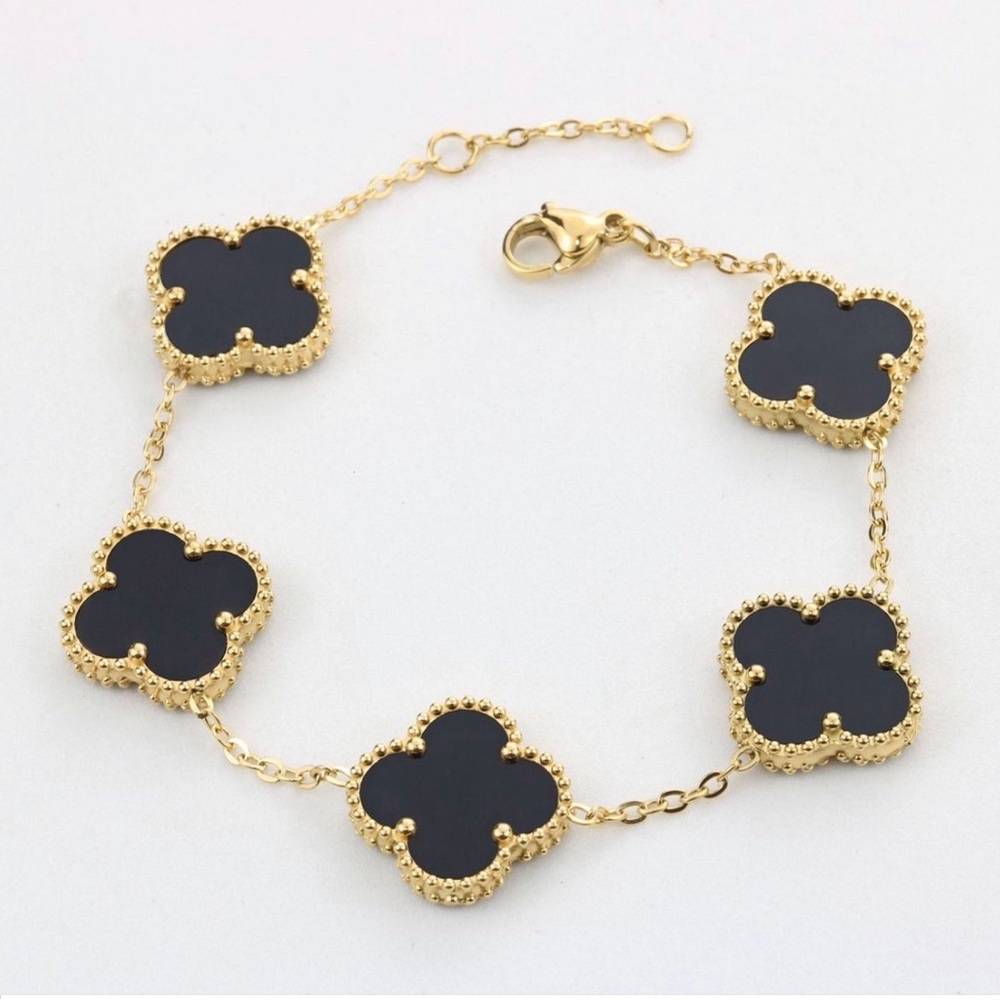 Black Double Sided Enamel Clover Bracelet - 18K Gold Plated